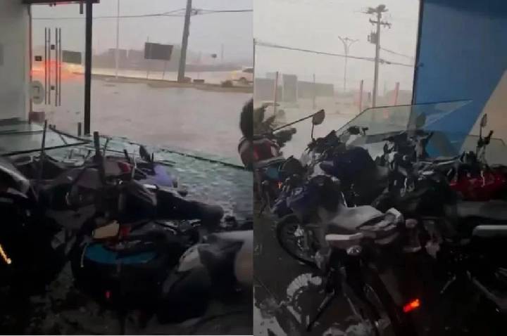 Fortes chuvas causam desabamento de teto de loja de veículos e queda de postes na entrada de Patos