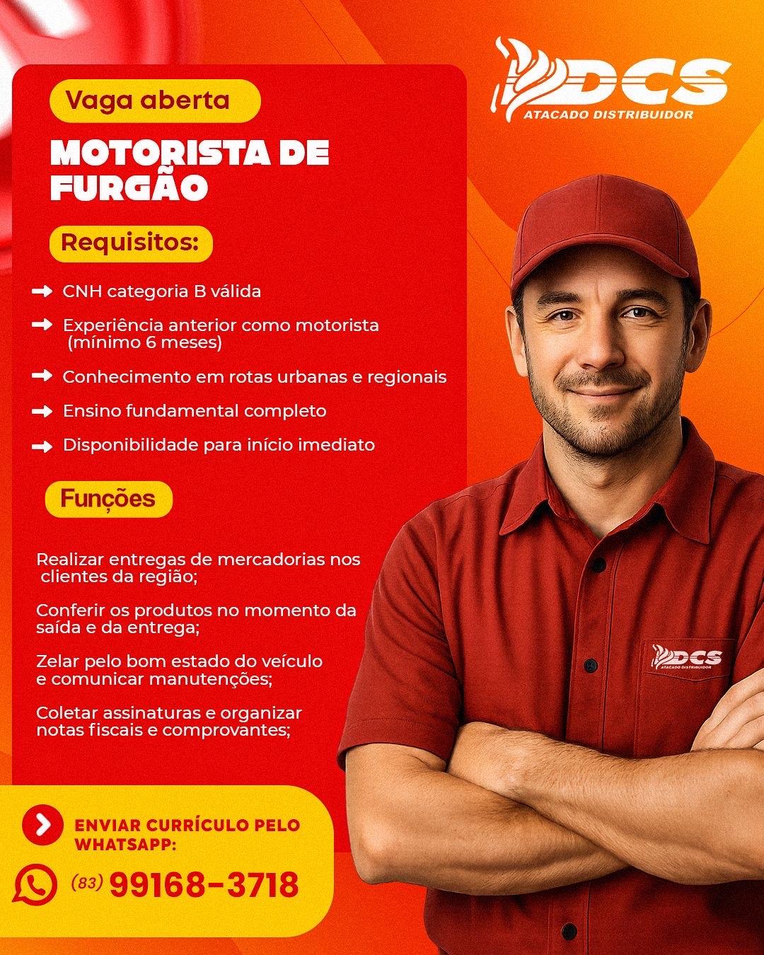 Vaga Motorista de Furgão - Distribuidora DCS