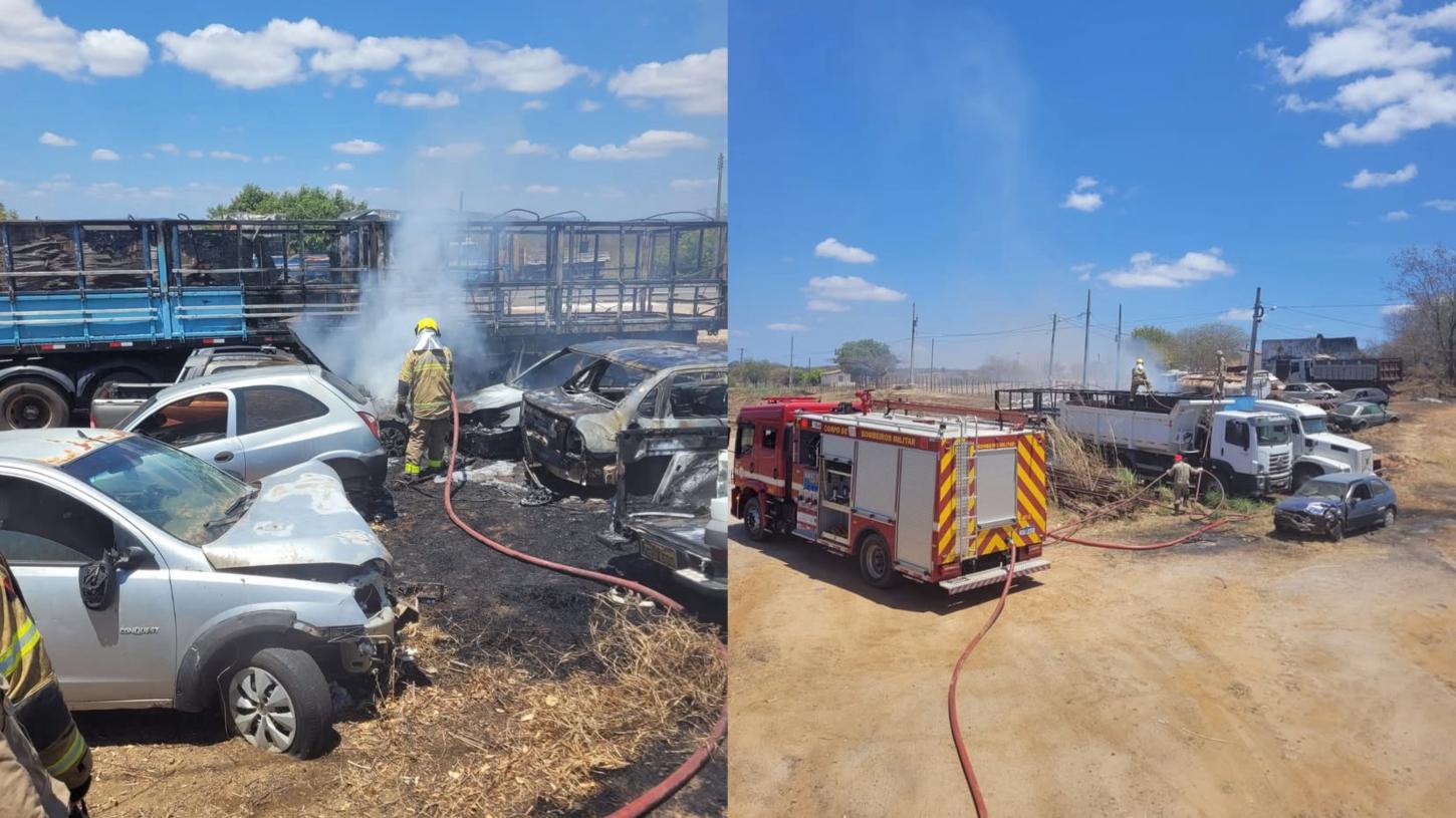 Ação rápida do Corpo de Bombeiros controla incêndio em pátio da Polícia Civil em Cajazeiras