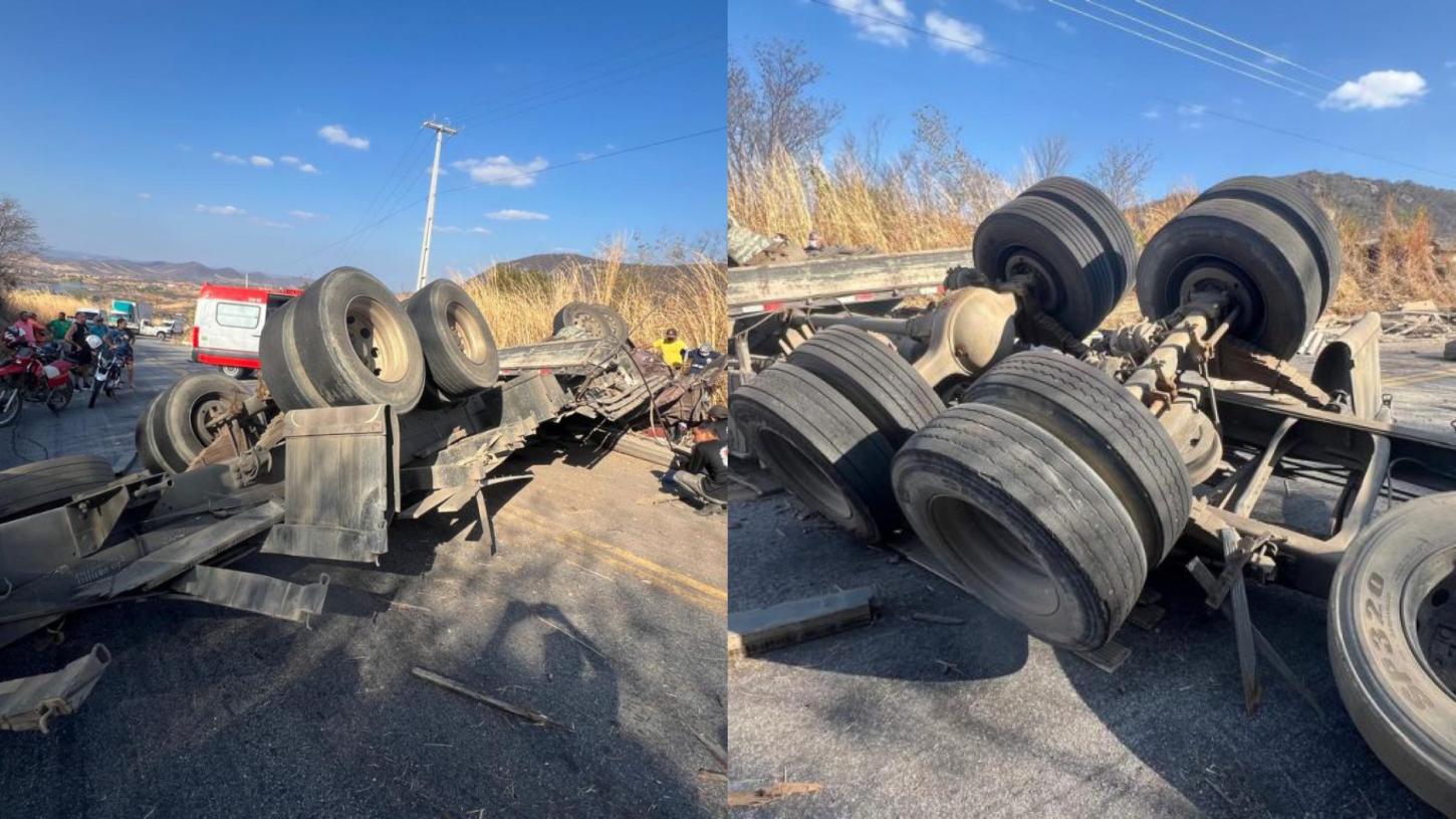 Caminhão carregado de ferro capota entre Monte Horebe e São José de Piranhas; vítimas ficaram presas nas ferragens