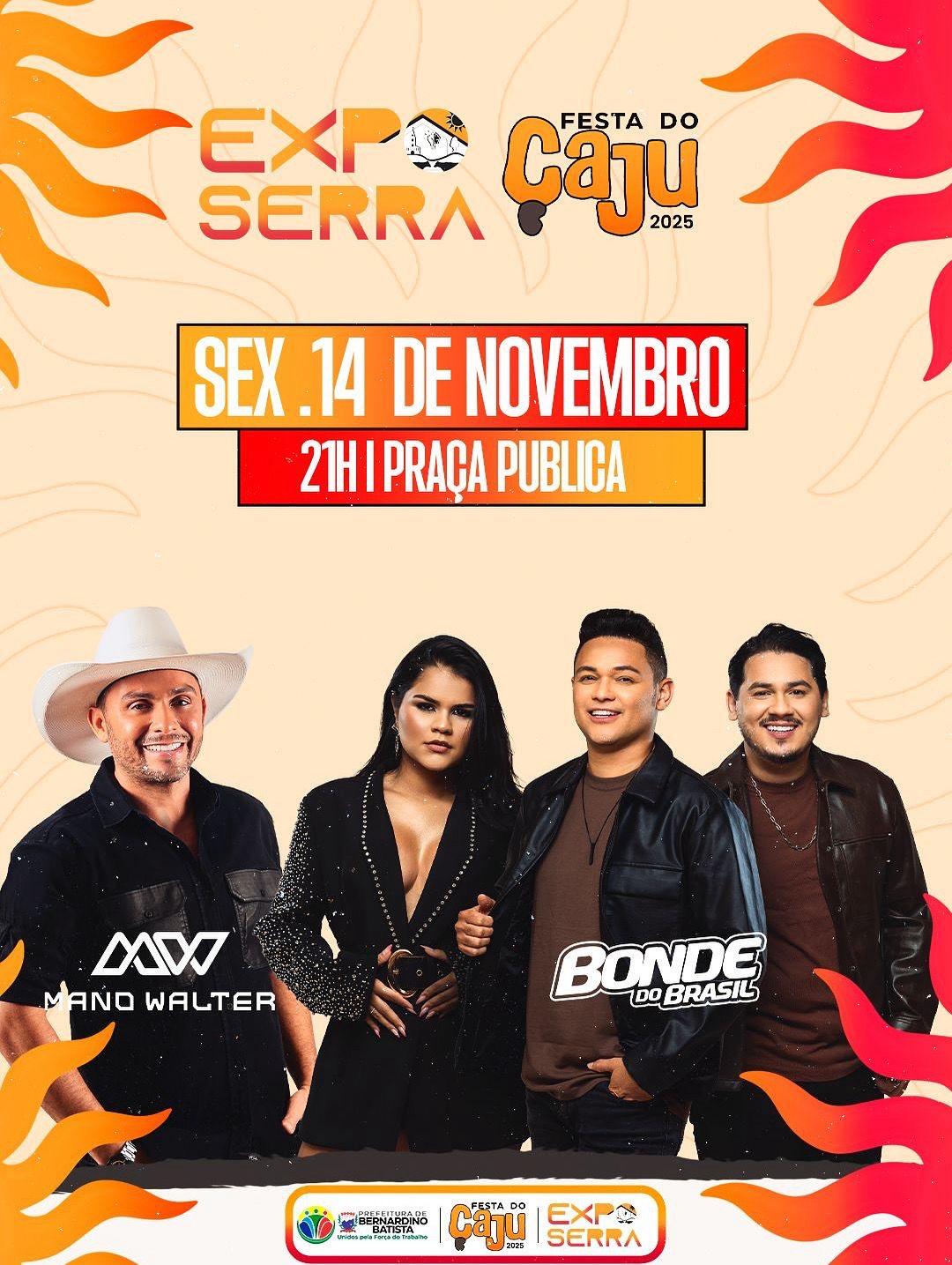 Mano Walter e Bonde do Brasil serão as atrações da 'Festa do Cajú 2025' em Bernardino Batista