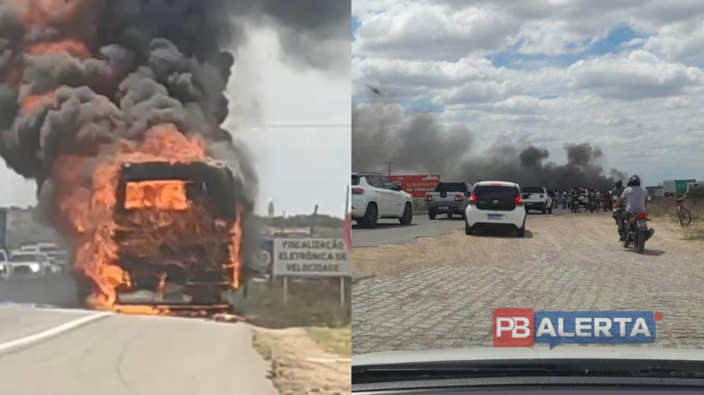 URGENTE: Ônibus da Viação Santa Cruz é destruído por incêndio no Portal de Sousa; BR-230 está interditada